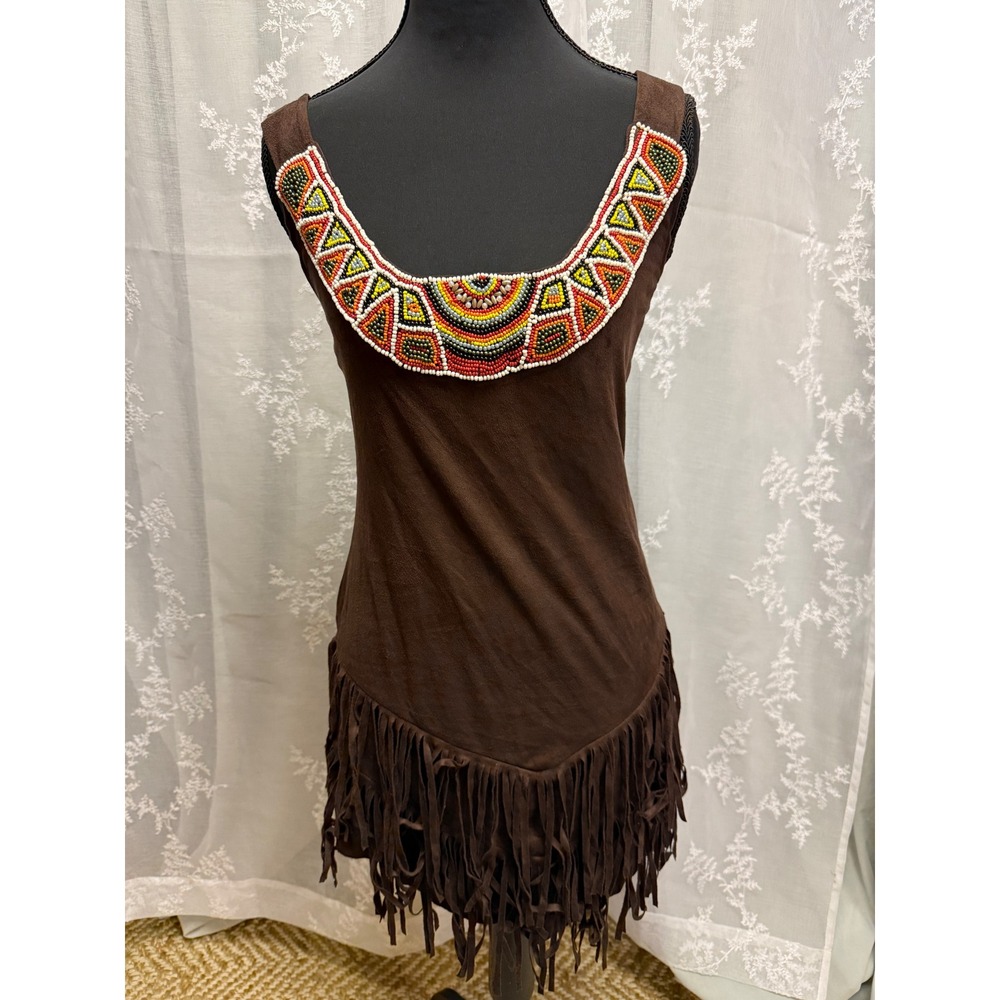 Dreamgirl  Faux Suede Fringe Beaded Pocahottie Sexy Halloween Costume Dress M